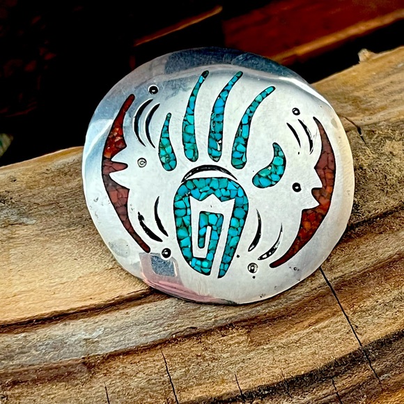 Native American Sterling Silver Turquoise and Coral Bear Claw Brooch/Pendant